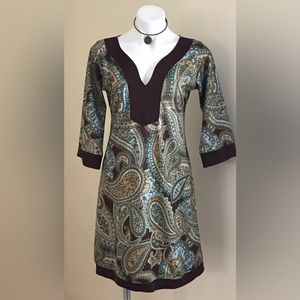 B Skinz Vintage Paisley Brown Blue Green Beige 3/4th Sleeves V Neck Dress Sz. M